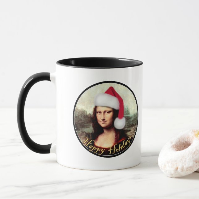 Caneca Mona Lisa Chapéu de Papai Noel Natal (Com Donut)