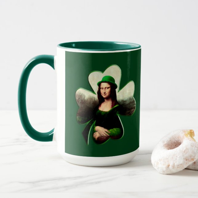 Caneca Mona Lisa Dia de São Patrício Trevo (Com Donut)