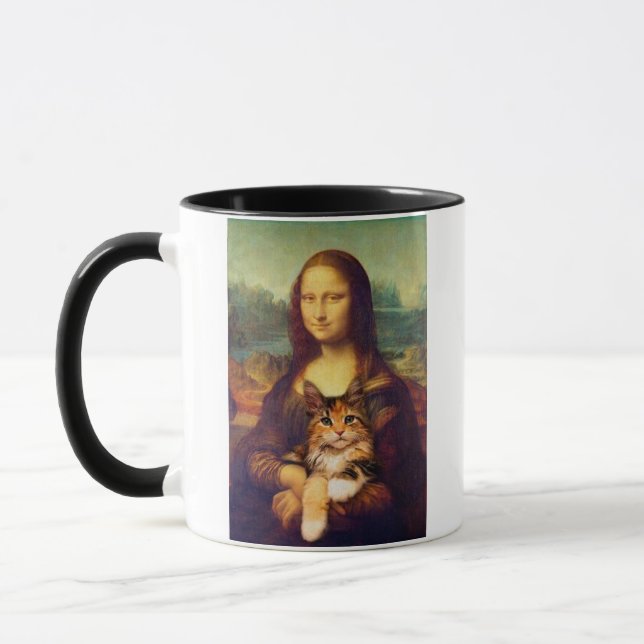 Caneca Mona Lisa segurando o seu gato Leonardo da Vinci (Esquerda)
