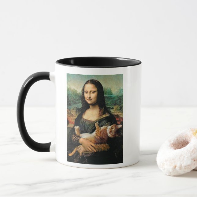 Caneca Mona Lisa segurando seus amantes de gato (Com Donut)
