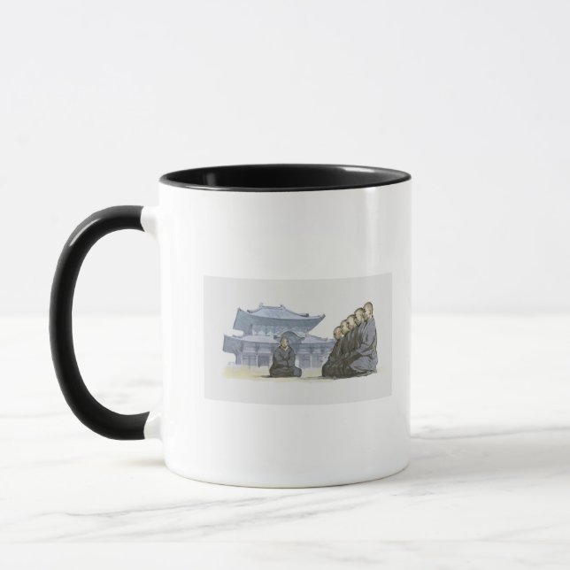 Caneca Monges budistas de zen que ajoelham-se fora do (Esquerda)