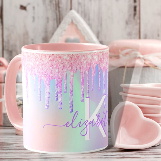 Caneca Monogram holographic unicorn glitter rainbow name (Criador carregado)