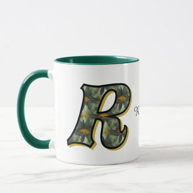 Caneca Monogram Initial R Daisy Floral Art Personalized (Esquerda)