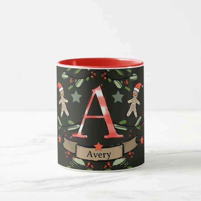 Caneca Monograma "A" de Natal Retro Bonito com o nome (Centro)