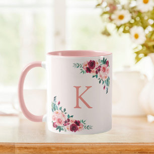 Caneca Monograma Aquarela Boho Rosa Burgundy Flor de Rosa