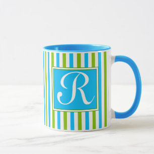 Caneca Monograma azul e verde colorido do teste padrão d