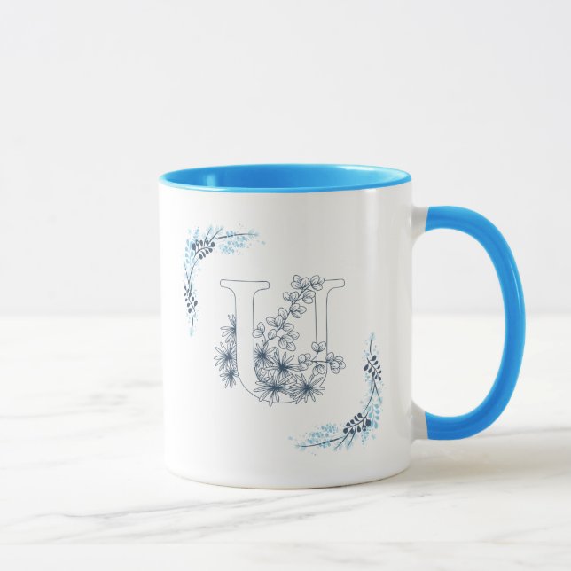 Caneca Monograma Azul Inicial Café Floral Calmo (Direita)