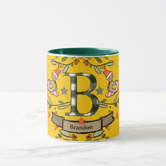 Caneca Monograma "B" de Natal Retro Bonito com o nome (Centro)