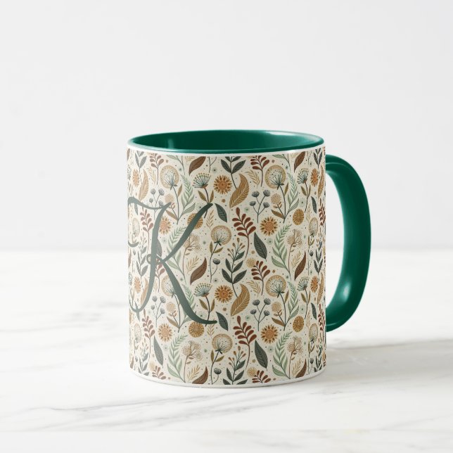 Caneca Monograma Boho Folhas Botânico Marrom Verde Bege (Frente Esquerda)