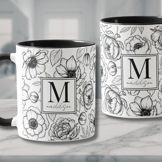 Caneca Monograma branco preto elegante (Elegant Black White Monogram Mug)
