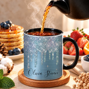 Caneca Monograma brilhante chic gelo azul aqua pingando