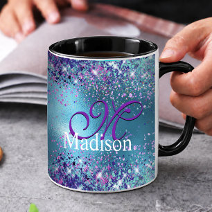 Caneca Monograma brilhante iridescente azul Chic rosa