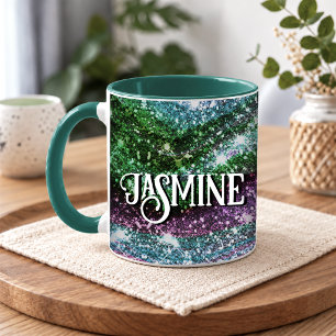 Caneca Monograma brilhante verde rosa ondulado caprichoso