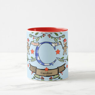 Caneca Monograma "C" de Natal Retro Bonito com o nome