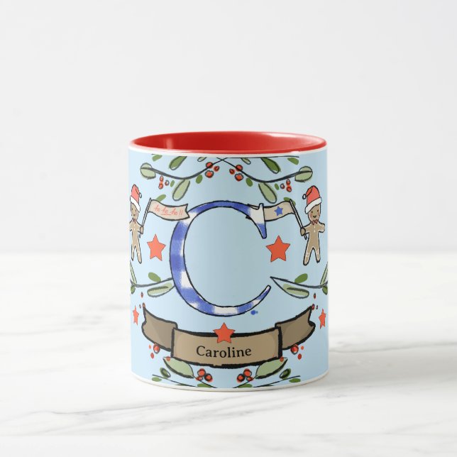 Caneca Monograma "C" de Natal Retro Bonito com o nome (Centro)