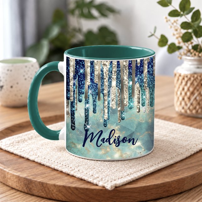Caneca Monograma chic com gotas de glitter azul turquesa  (Criador carregado)