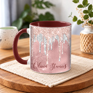 Caneca Monograma chic rose blush prateado gotejante
