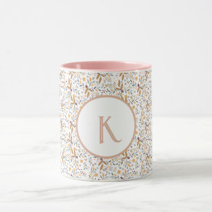 Caneca Monograma Colorido de Padrão de Flor de Primavera