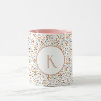 Caneca Monograma Colorido de Padrão de Flor de Primavera