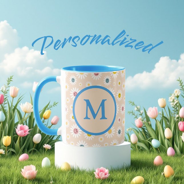 Caneca Monograma Colorido Smiling Daisy personalizado (Colourful Monogram Smiling Daisy personalised Mug)