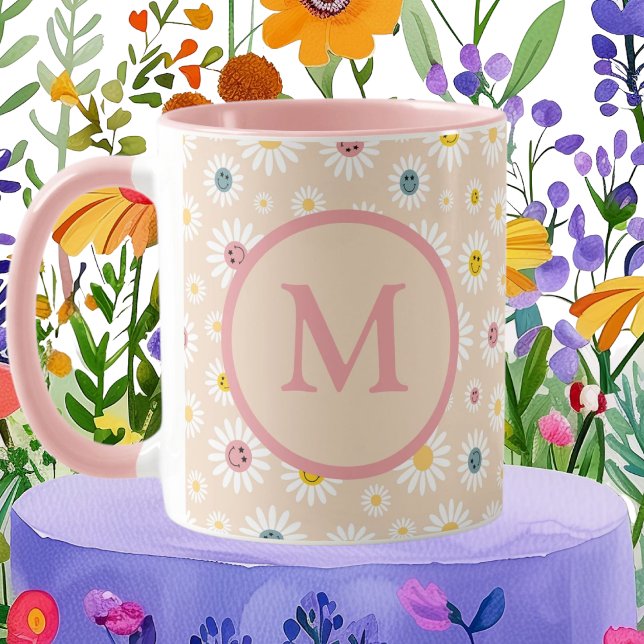 Caneca Monograma Colorido Smiling Daisy personalizado (Colourful Monogram Smiling Daisy personalised Mug)