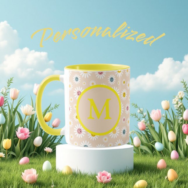 Caneca Monograma Colorido Smiling Daisy personalizado (Colourful Monogram Smiling Daisy personalised Mug)