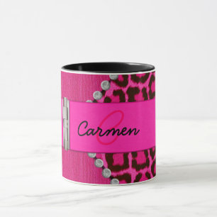 Caneca Monograma cor-de-rosa na moda do leopardo e da