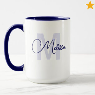 Caneca Monograma Cursivo Moderno Azul e Branco com Nome P