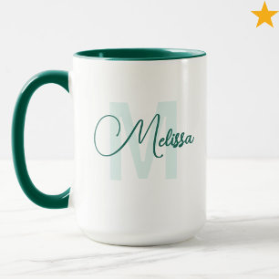 Caneca Monograma Cursivo Moderno Verde Branco Nome Person
