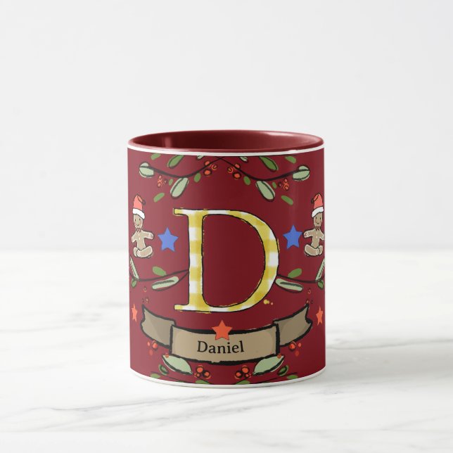 Caneca Monograma "D" de Natal Retro Bonito com o nome (Centro)
