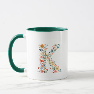 Caneca Monograma da Letra K em Aquarela Floral