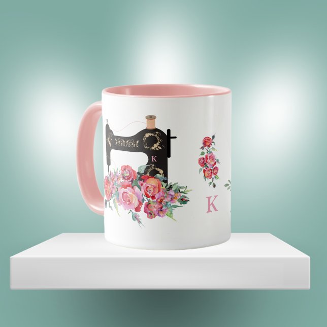 Caneca Monograma da Máquina de Serradura Floral Rosa (Criador carregado)