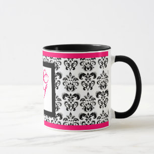 Caneca MONOGRAMA DAMASK, Fúchsia Negra Cor-de-rosa