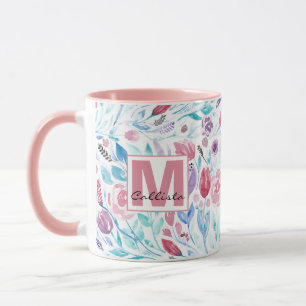 Caneca Monograma das flores de Primavera de aquarela cor