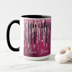 Caneca Monograma das gotas pretas, cor-de-rosa quente, qu