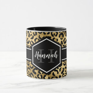 Caneca Monograma das Manchas Leopardo Pretas Douradas