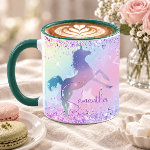 Caneca Monograma de arte de arco-íris brilhante unicórnio