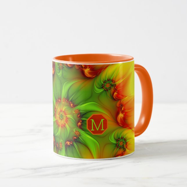 Caneca Monograma de Arte Fractal Colorida de Verão Quente (Frente Esquerda)