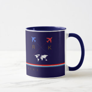 Caneca monograma de aviões, avião viagem americano azul