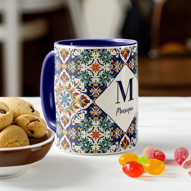 Caneca monograma de azulejo turco mediterrâneo (Mediterranean azulejo Turkish Persian tiles monogram Mug personalized name gifts bridal party favors)