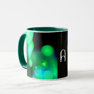 CANECA MONOGRAMA DE BOLHAS FRACTAIS AZUIS VERDES NEGROS