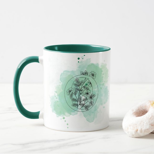 Caneca Monograma de Cor de Água Inicial Botânica Verde (Com Donut)