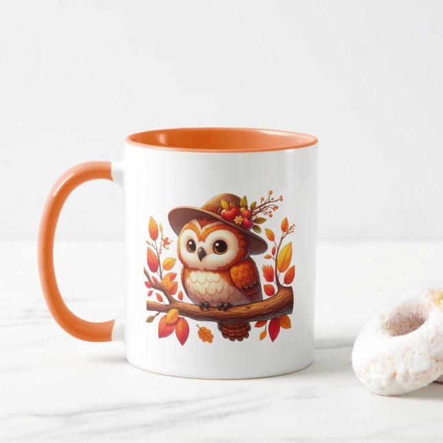 Caneca Monograma de coruja sazonal de outono fofo (Com Donut)