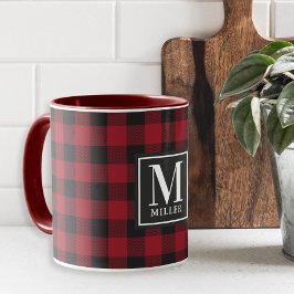 Caneca Monograma de Fazenda Moderna em Xadrez Vermelho Bú