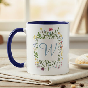 Caneca Monograma de Flor Silvestre Inicial Azul