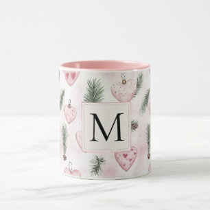 Caneca Monograma de Natal Corações Rosa Bege