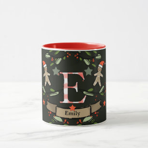 Caneca Monograma de Natal "E", Retro, bonito, com nome