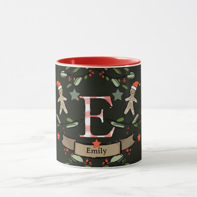 Caneca Monograma de Natal "E", Retro, bonito, com nome (Centro)