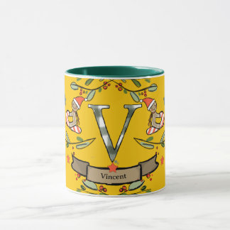 Caneca Monograma de Natal "V", Retro Grátis, com nome