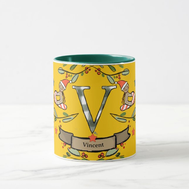 Caneca Monograma de Natal "V", Retro Grátis, com nome (Centro)